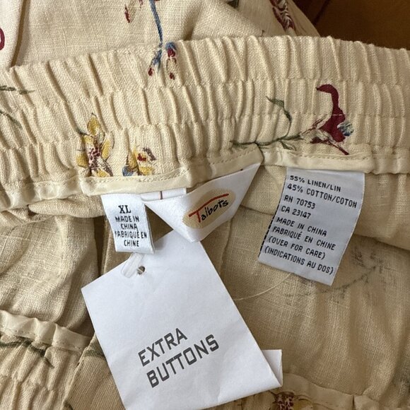 Talbots Linen Wide Leg Pants sz XL Tan Floral Pockets Lagen Look Draw String - Picture 7 of 7